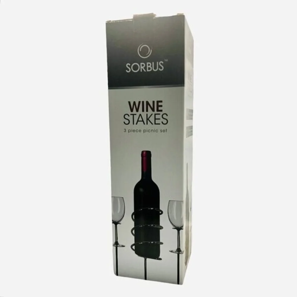 SORBUS 3-Piece Wine Stakes Picnic Set Glass & Bottle Holders Outdoor Metal NIB